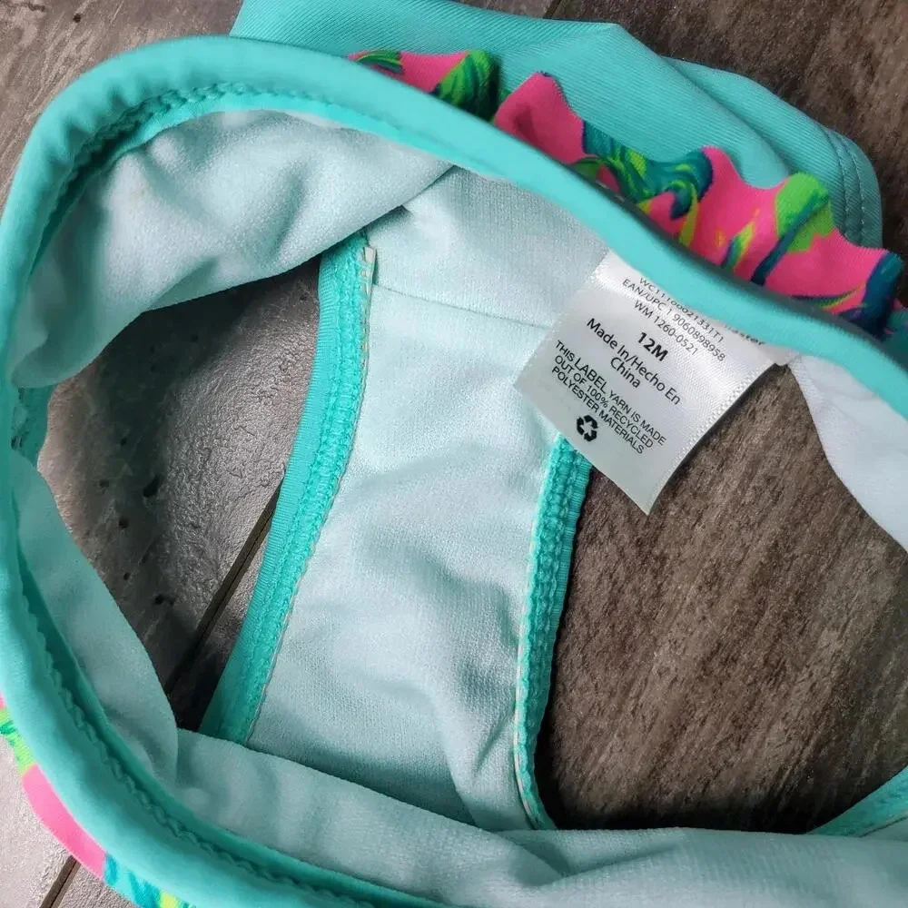 Wonder Nation Baby Girl 2 pc Swimsuit Bikini Size 12m Teal Hot Pink Tropical